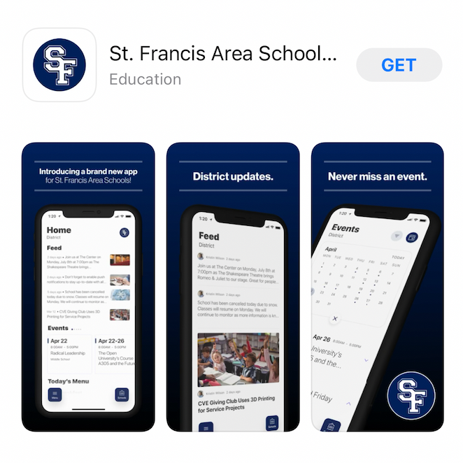 Image: Screenshot of St. Francis Area School's app in the App store